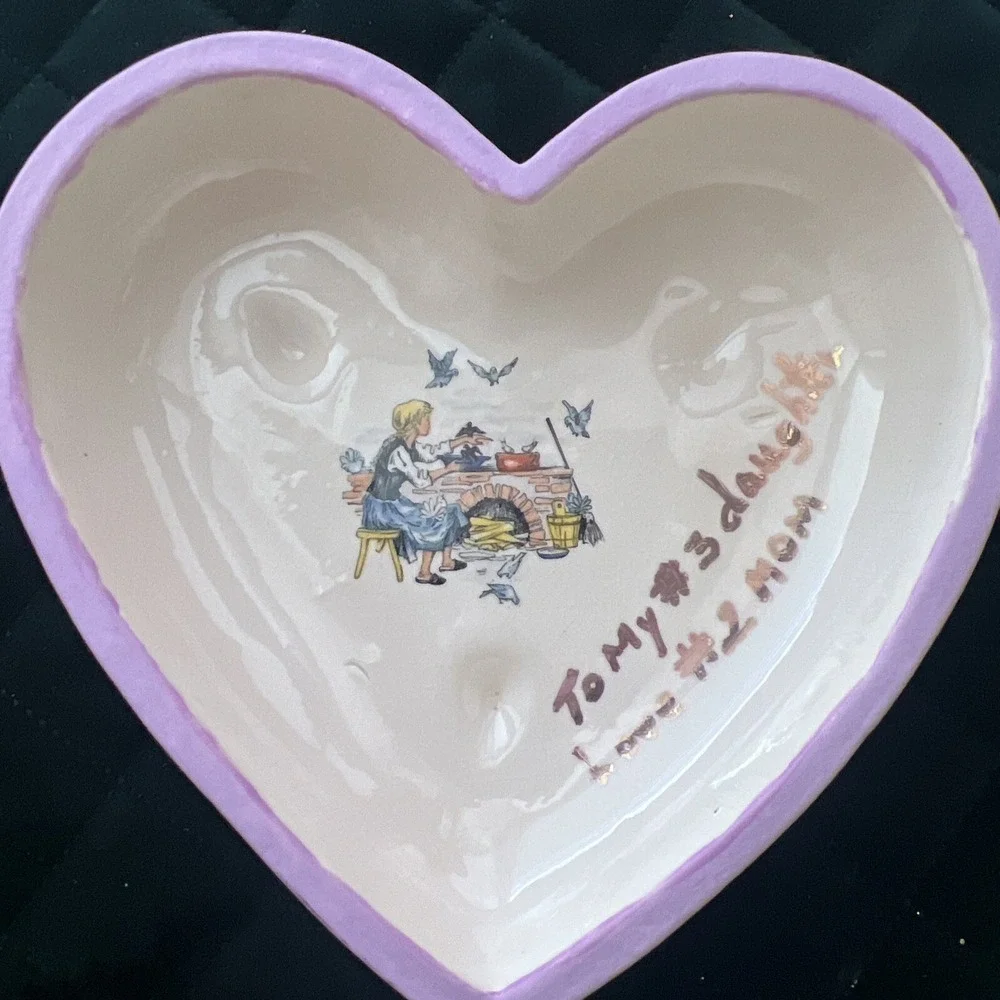 Vintage Signed Juanita  Ceramics Heart Floral Jewelry Trinket Box  Pink  Purple